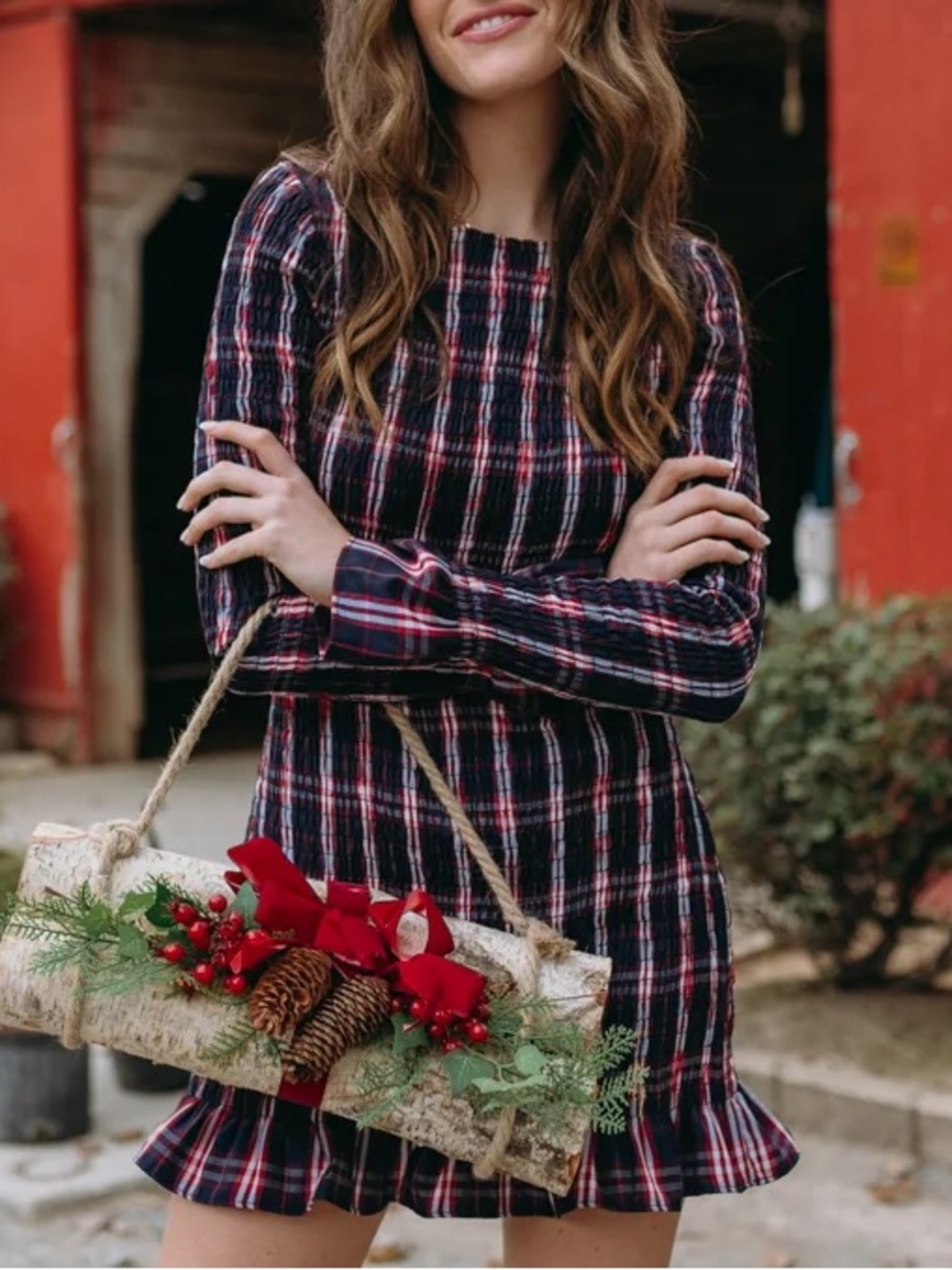 Plaid Long-Sleeve Ruffle-Hem Mini Dress in Navy and Red